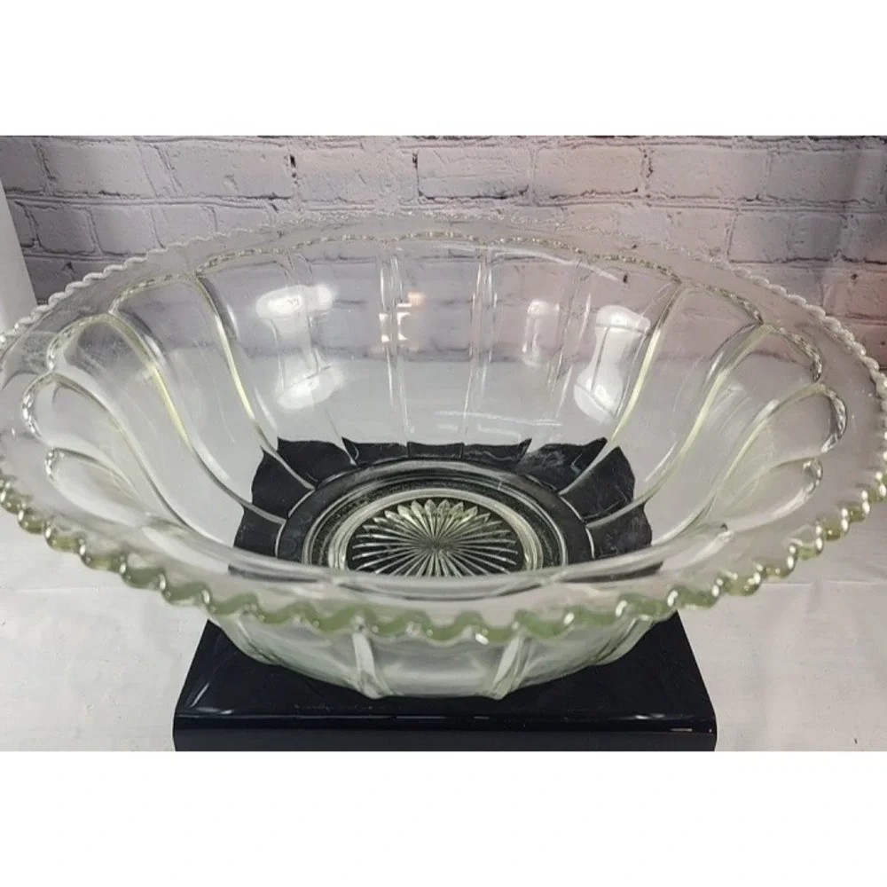 Vintage Large Glass Punch Bowl / Serving Bowl – Scalloped Edge, Starburst Base